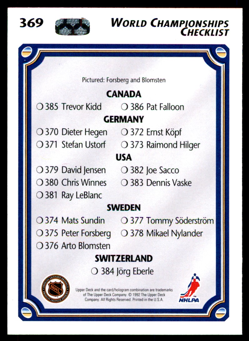 1992-93 Upper Deck World Championships Checklist Sweden #369 | eBay