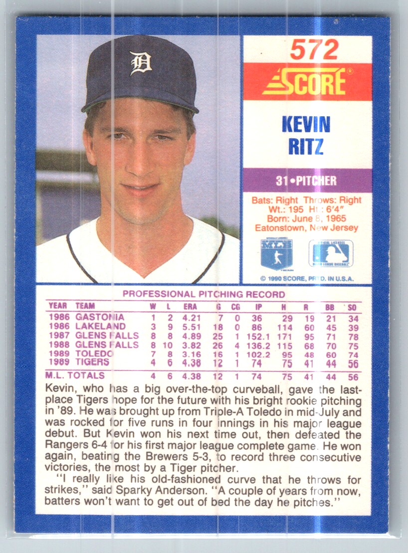 1990 Score Kevin Ritz #572 card back image