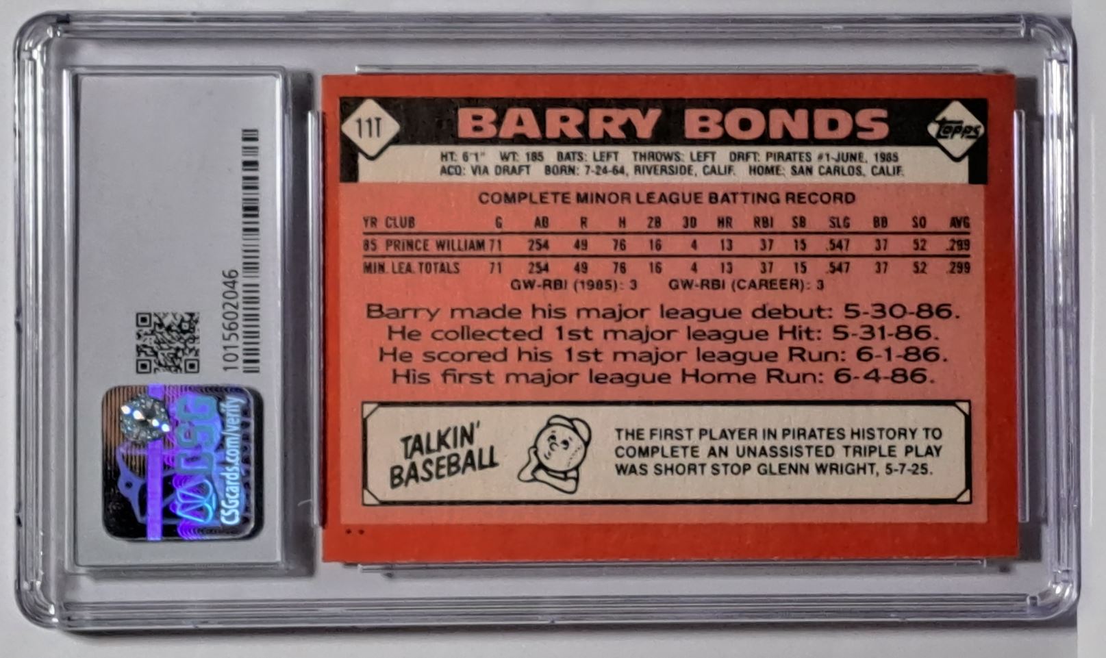 1986 Topps Traded Barry Bonds #11T card back image