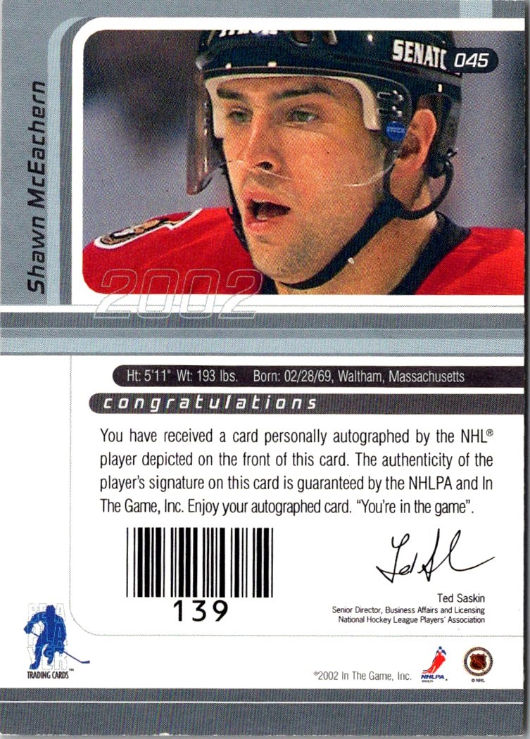 2001-02 Be a Player Signature Series Autographs Shawn McEachern #045 card back image