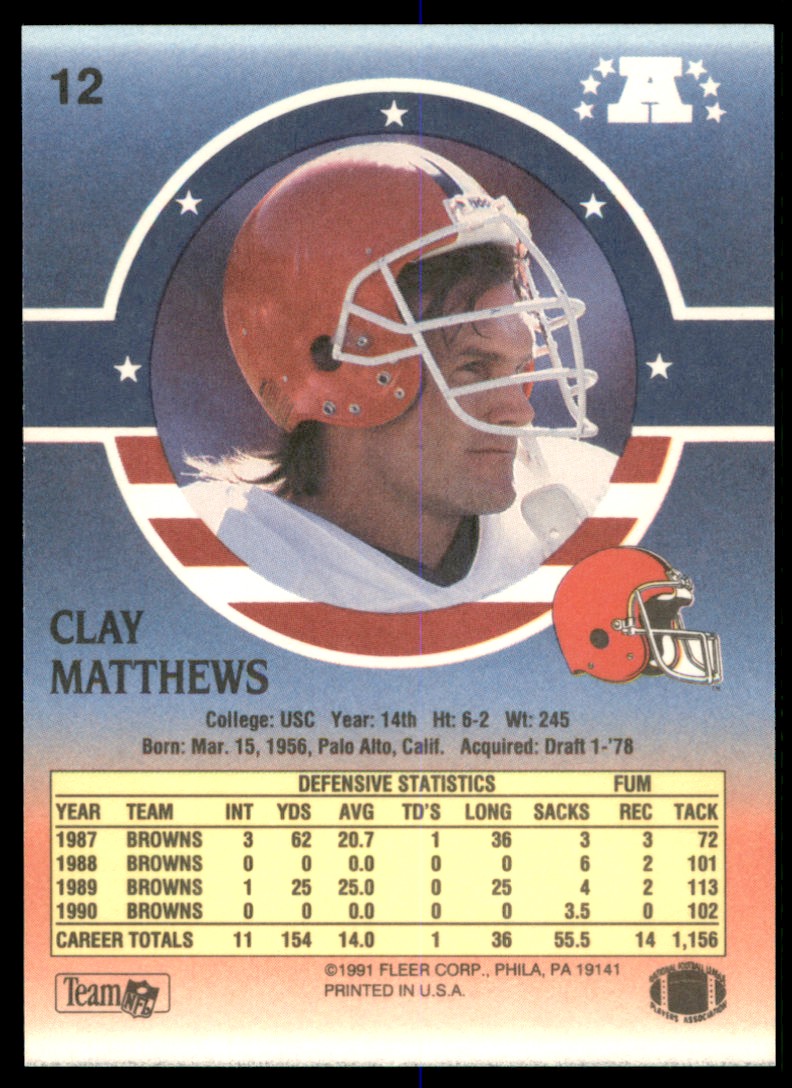 1991 Fleer Stars and Stripes Clay Matthews Cleveland Browns #12 - Picture 2 of 2