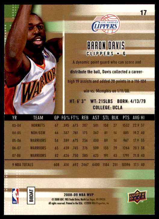 2008-09 Upper Deck MVP Ultimate Victory Baron Davis #17 card back image