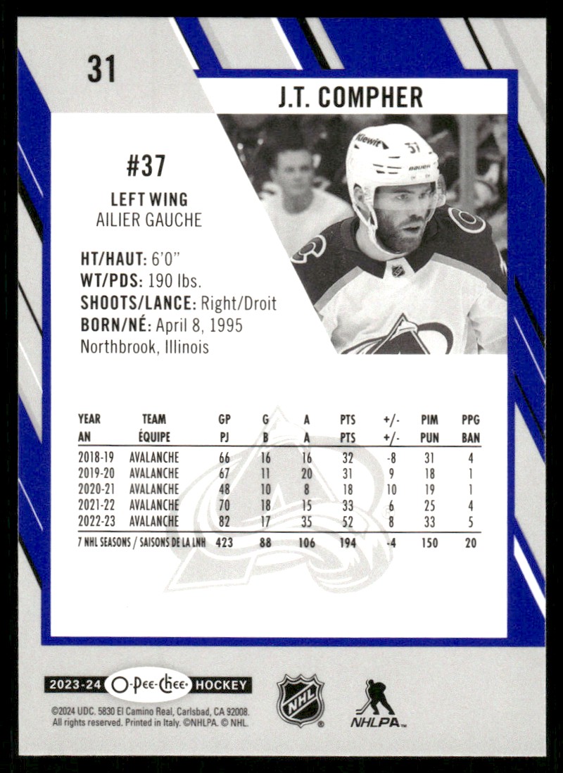 2023-24 O-Pee-Chee Blue Border J.T. Compher #31 card back image