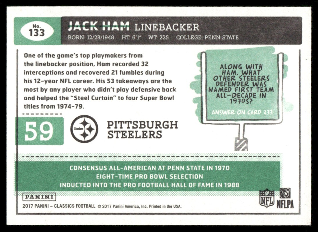 2017 Panini Classics Jack Ham #133 card back image