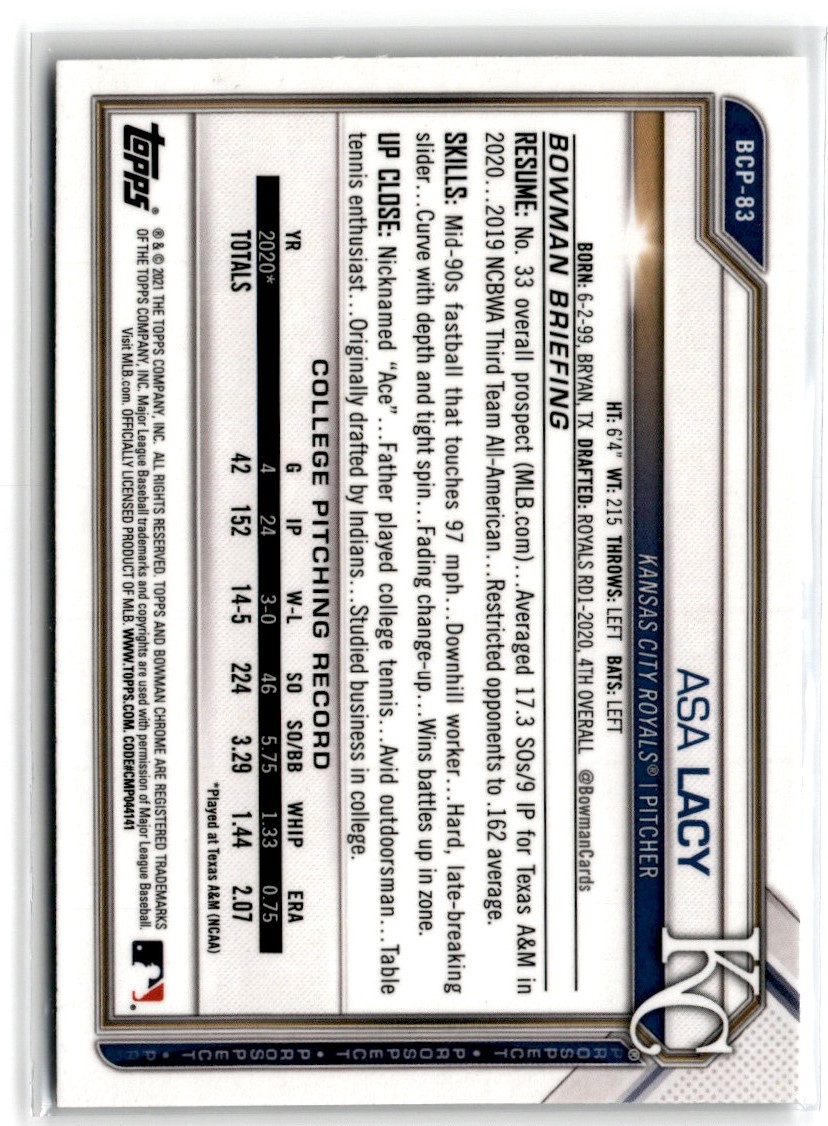 2021 Bowman Chrome Prospects Atomic Refractor Asa Lacy #BCP-83 card back image