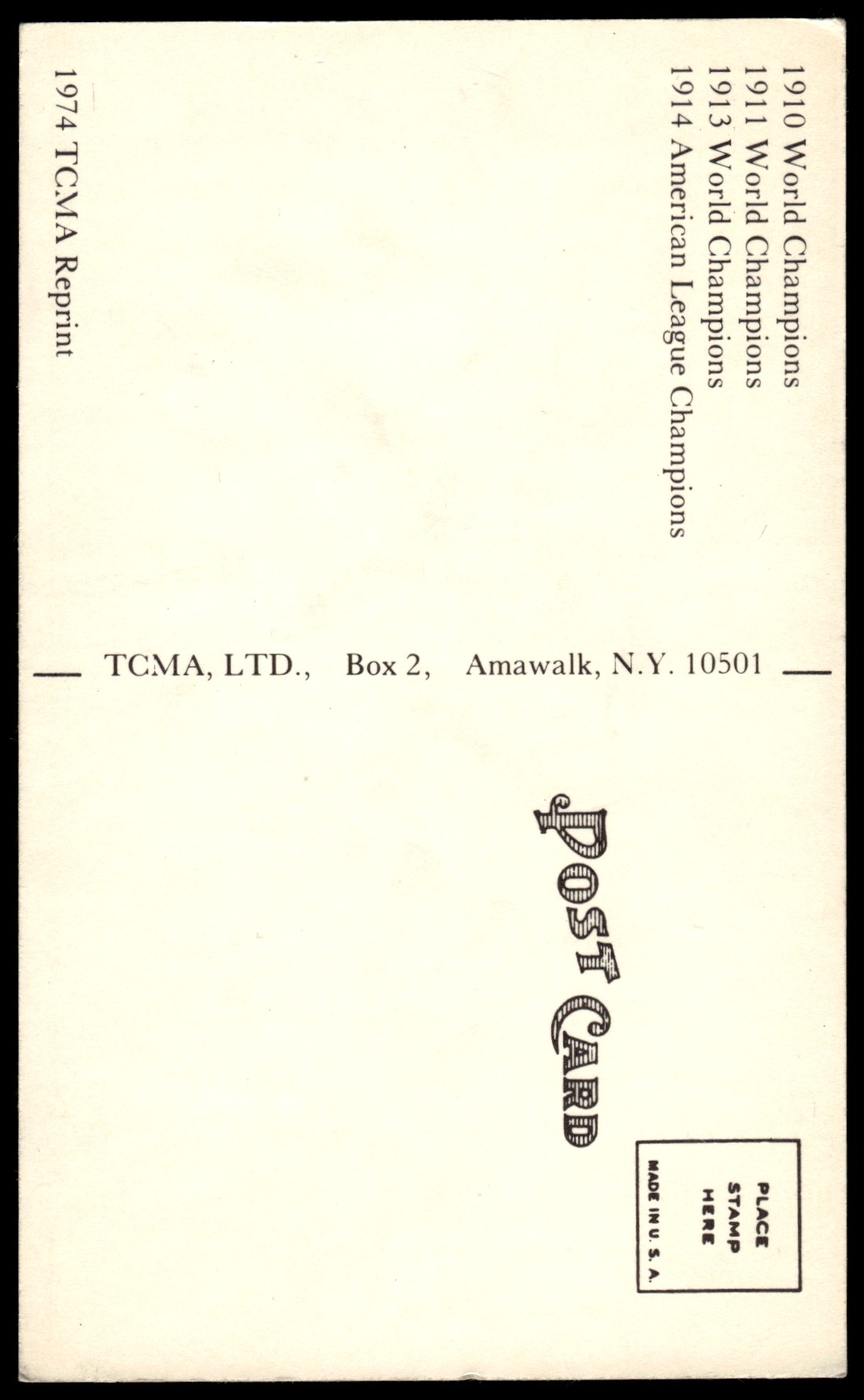 1974 1911 TCMA 1910-14 Pinkerton Cabinets T5 Philadelphia Athletics Postacrds Reprint Barry S.S. card back image