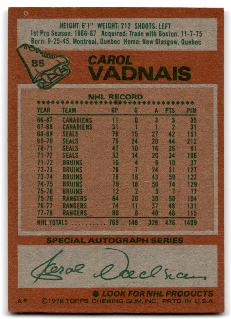 1978-79 Topps Hockey Cards Carol Vadnais #85 card back image