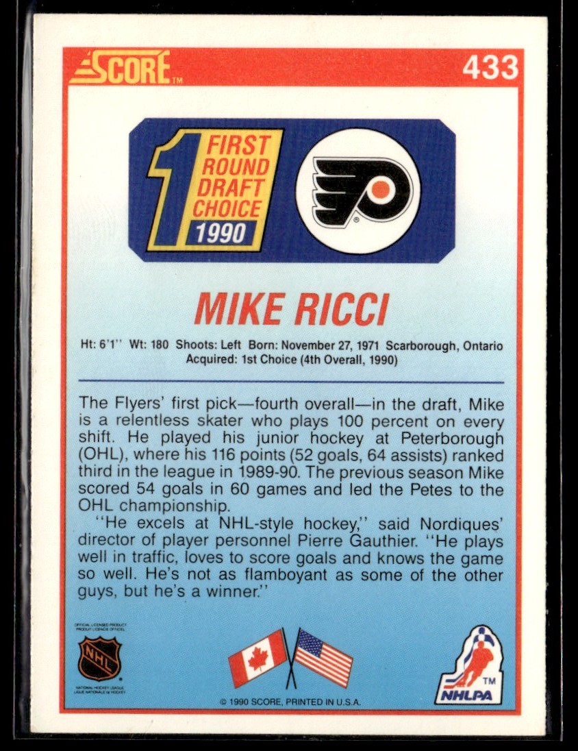 1990-91 Score #433 Mike Ricci Rookie Philadelphia Flyers | eBay