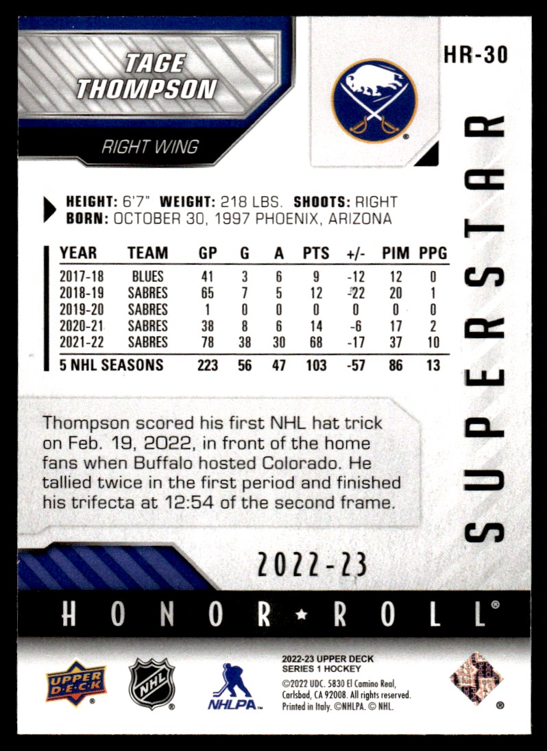 2022-23 Upper Deck Honor Roll Tage Thompson #HR-30 card back image