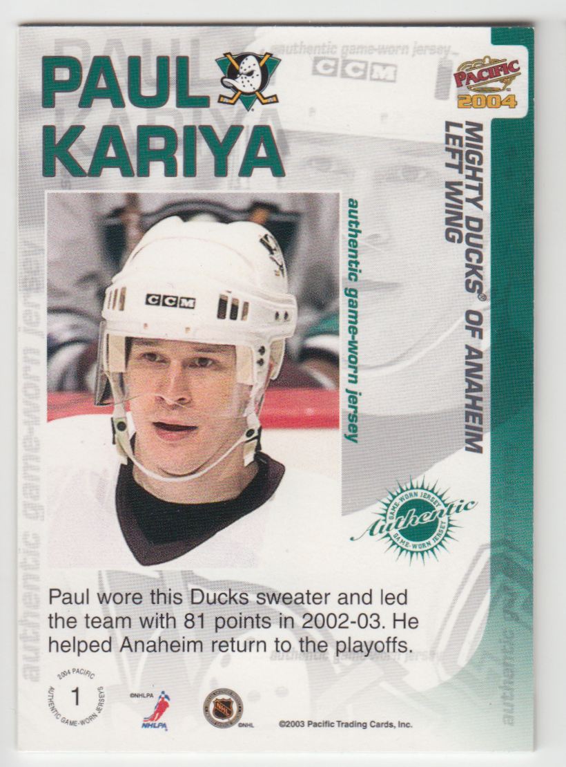 2003-04 Pacific Jerseys Paul Kariya #1 card back image