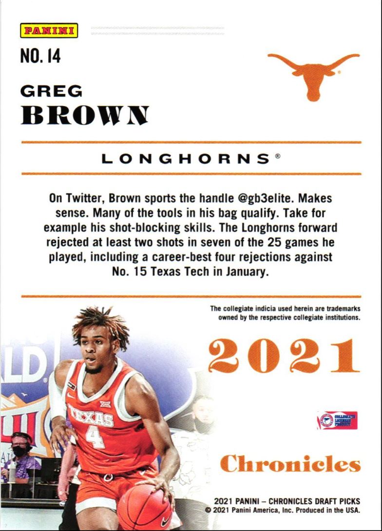 2021-22 Panini Chronicles Draft Picks Greg Brown III #14 on Kronozio