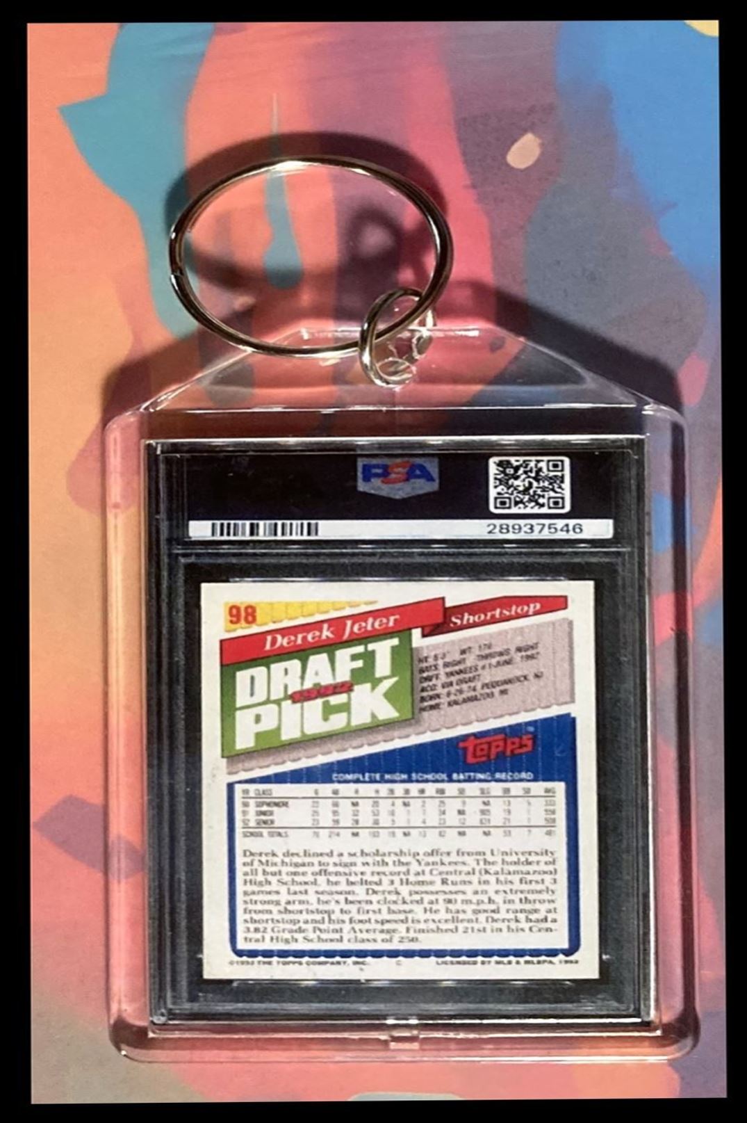 2025 -MME- 0025-0106 Derek Jeter 1993 Topps Gold Rookie PSA Style Custom Keychain - Great Gift #0025 card back image