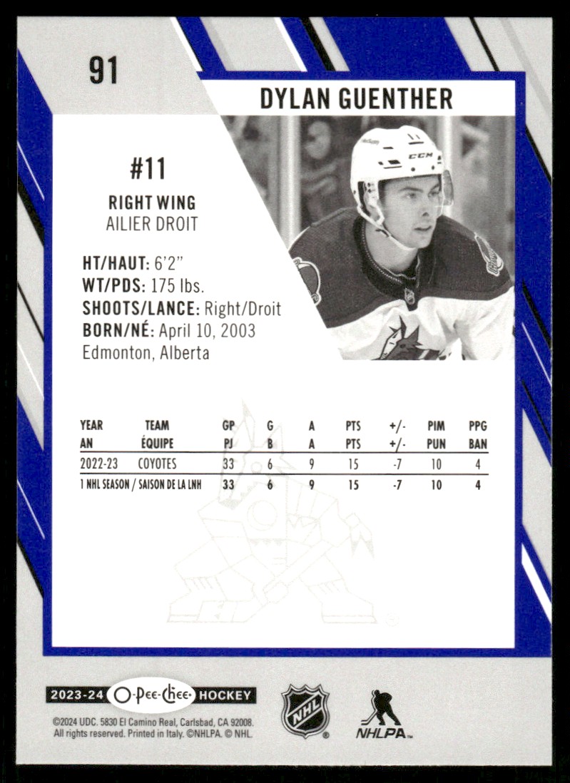 2023-24 O-Pee-Chee Blue Border Dylan Guenther #91 card back image