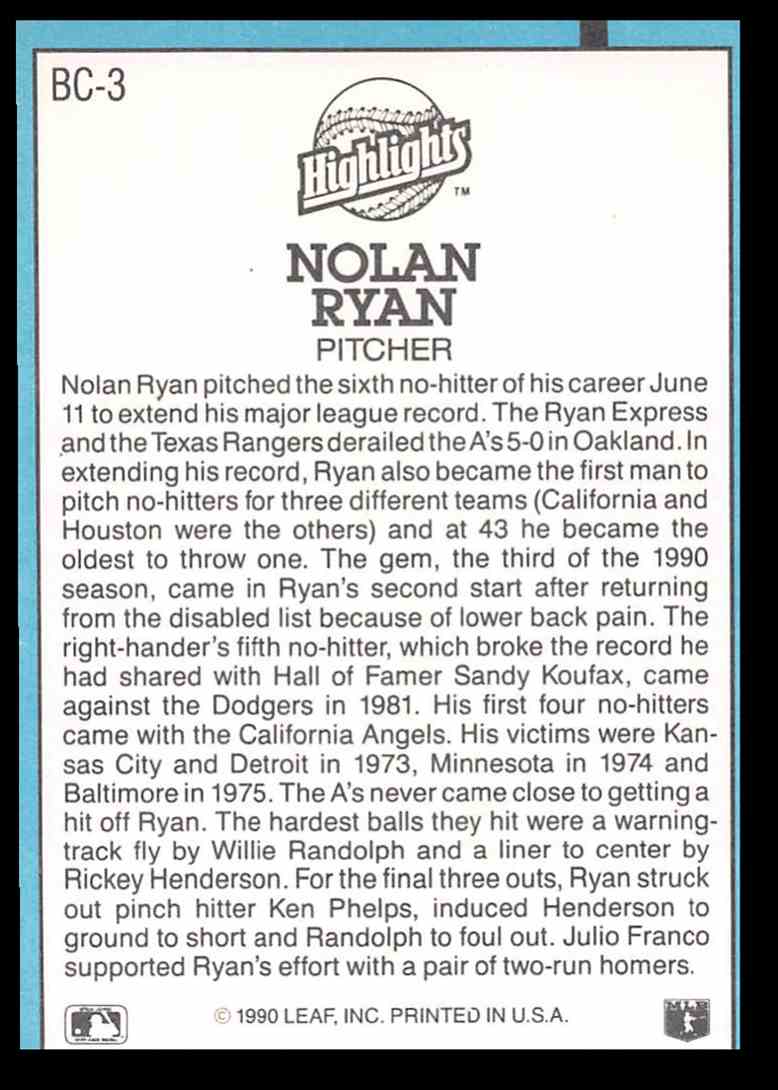 1991 Donruss Bonus Cards Nolan Ryan #BC3 card back image