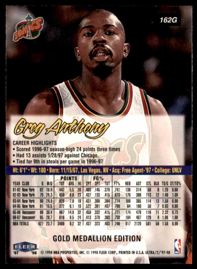 1997-98 Ultra Gold Medallion Greg Anthony #162 card back image