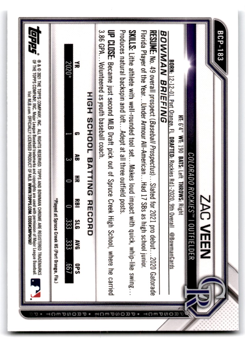 2021 Bowman Chrome Prospect Zac Veen Colorado Rockies #BCP-183 | eBay