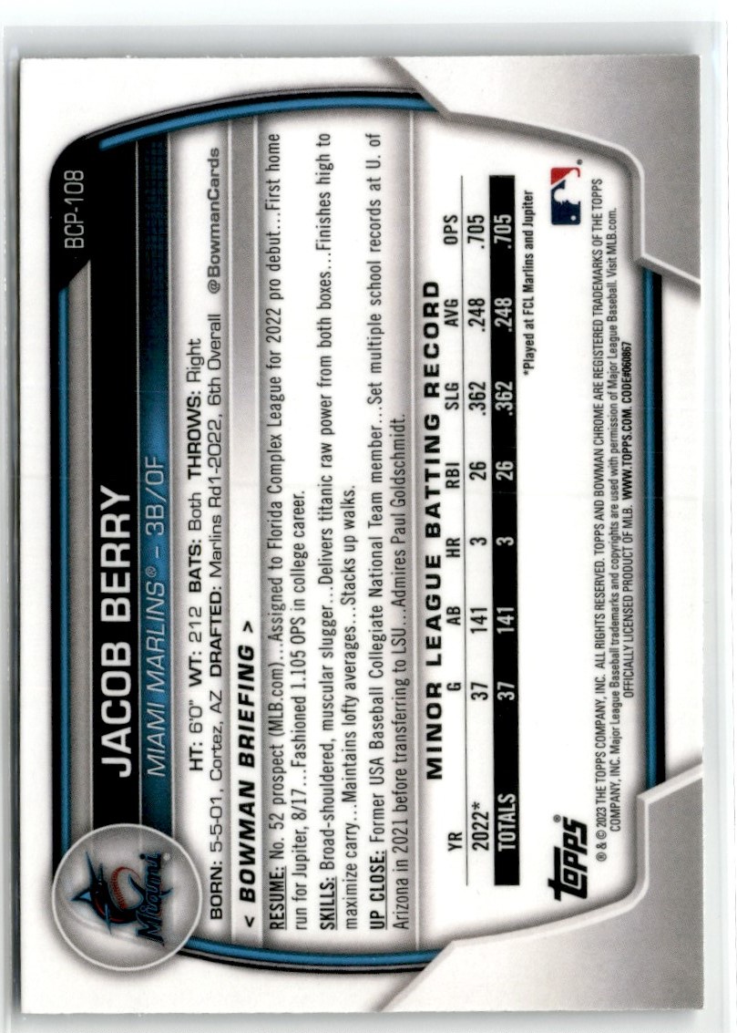 2023 Bowman Chrome Mega Box Mojo Jacob Berry #BCP108 card back image