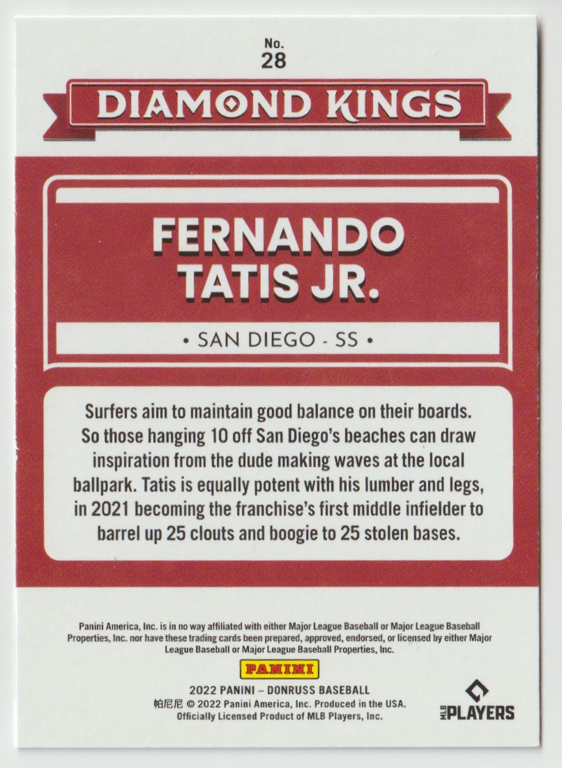 2022 Donruss Diamond Kings Fernando Tatis Jr. #28 card back image