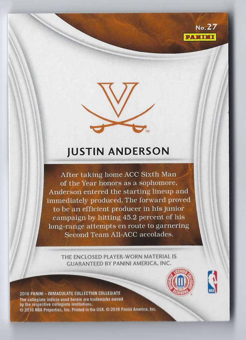 2016-17 Immaculate Collection Collegiate Immaculate Numbers Memorabilia Justin Anderson #27 card back image