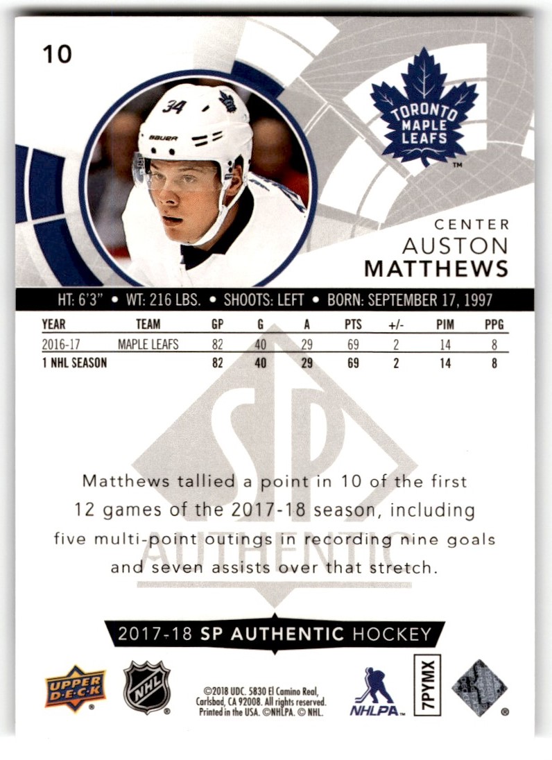 2017-18 SP Authentic Auston Matthews #10 card back image