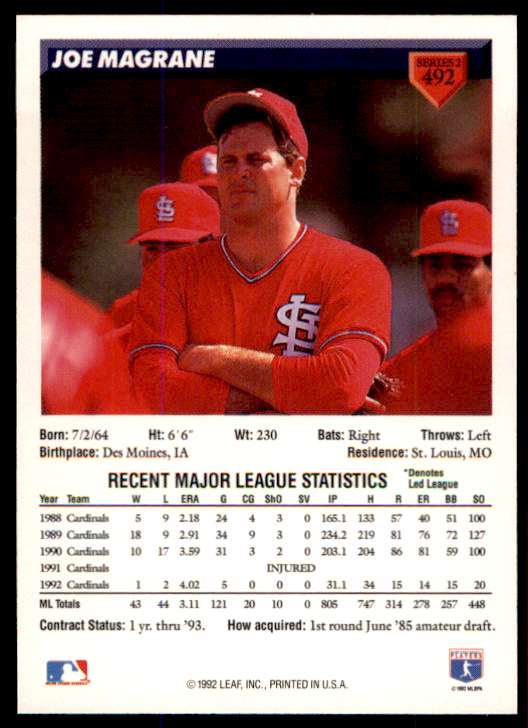 1993 Donruss Joe Magrane #492 card back image
