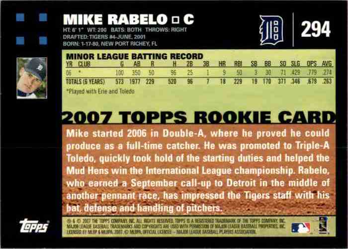 2007 Topps Mike Rabelo RC #294 card back image