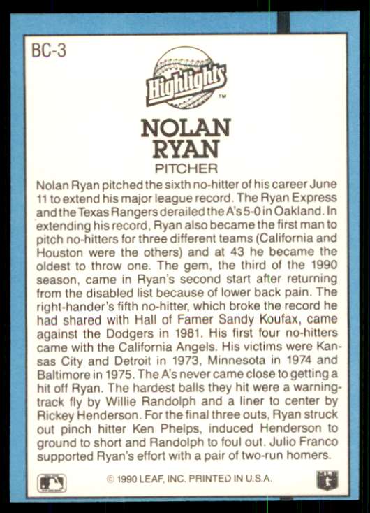 1991 Donruss Bonus Cards Highlights Nolan Ryan #BC-3 card back image