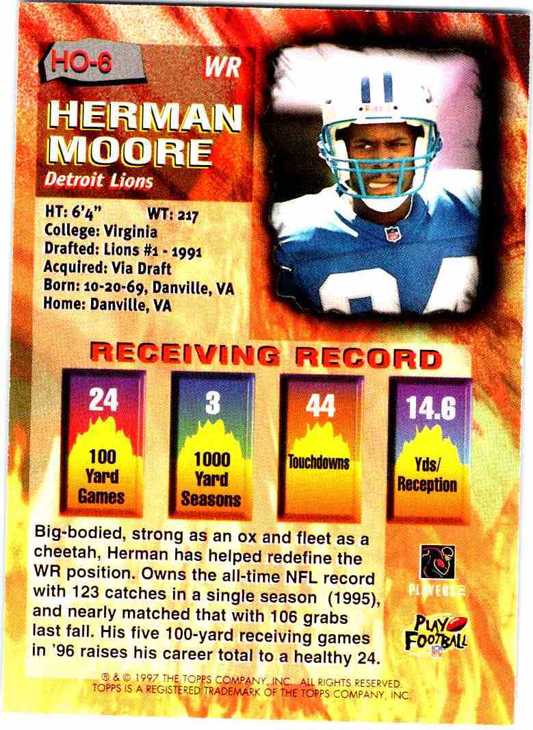 1997 Topps High Octane Herman Moore #HO-6 card back image