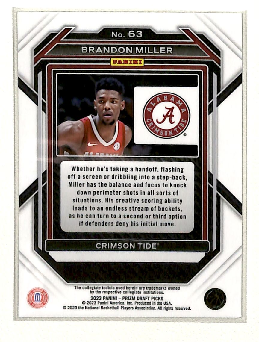 2023-24 Panini Prizm Draft Picks Brandon Miller #63 card back image