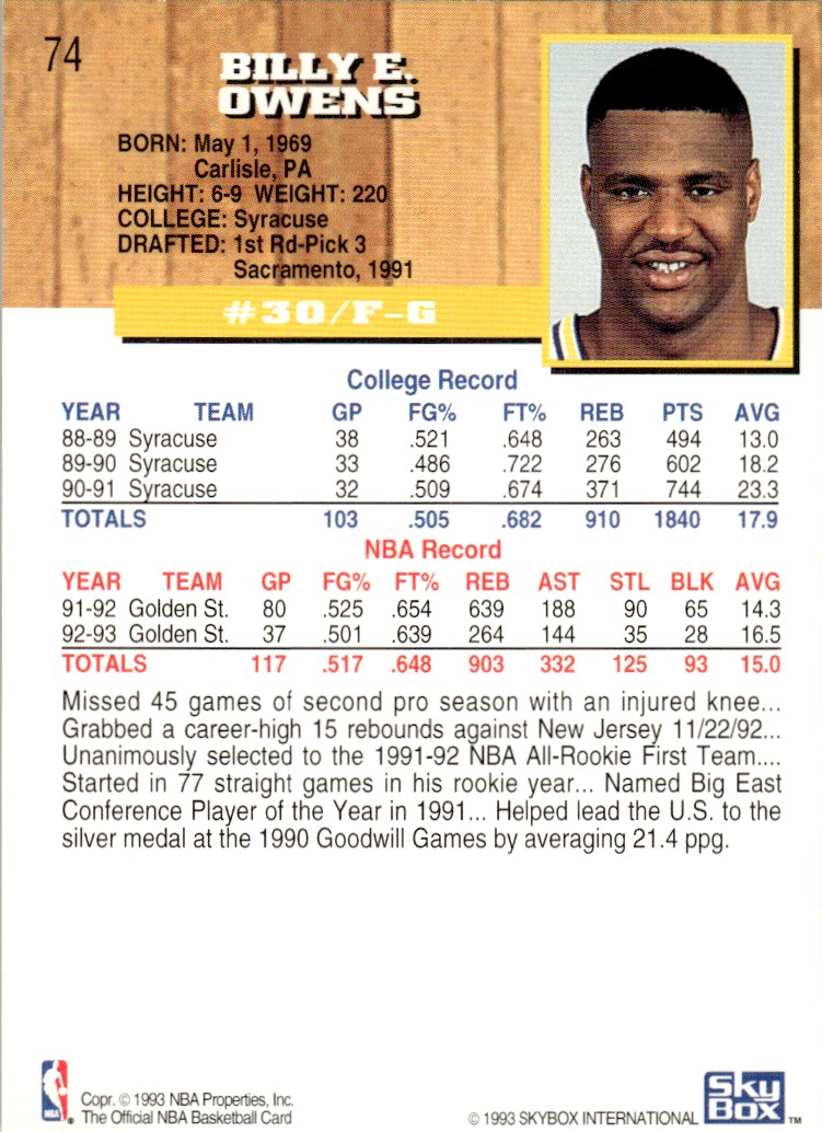 1993-94 NBA Hoops Basketball Card Billy Owens Golden State