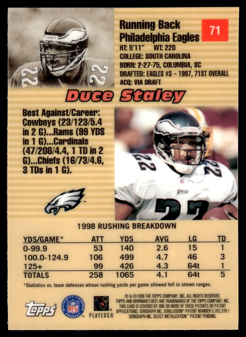 1999 Bowman's Best Duce Staley #71 card back image