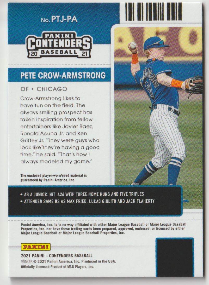 2021 Panini Contenders Prospect Ticket Pete Crow-Armstrong #PTJ-PA card back image