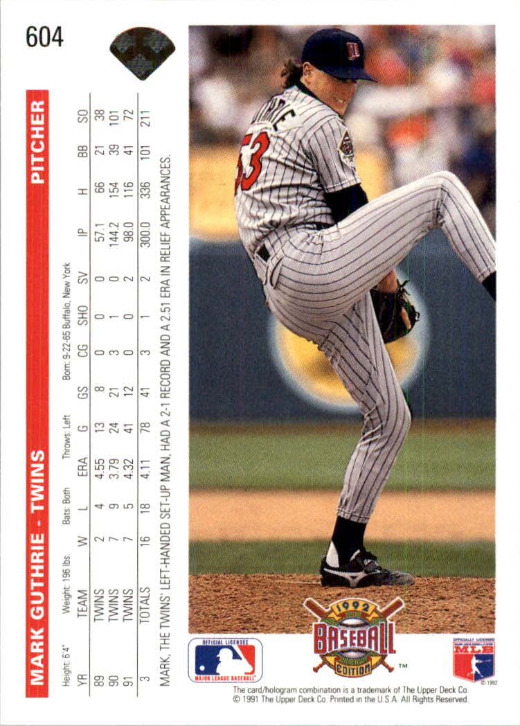 MBL '92 プレート MBL '92 プレート 1992 Upper Deck MLB Mark Guthrie #604 | eBay