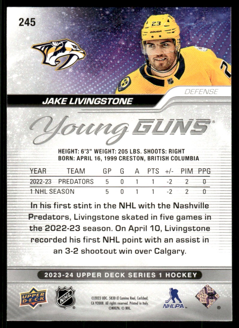 2023-24 Upper Deck YG Jake Livingstone #245 card back image