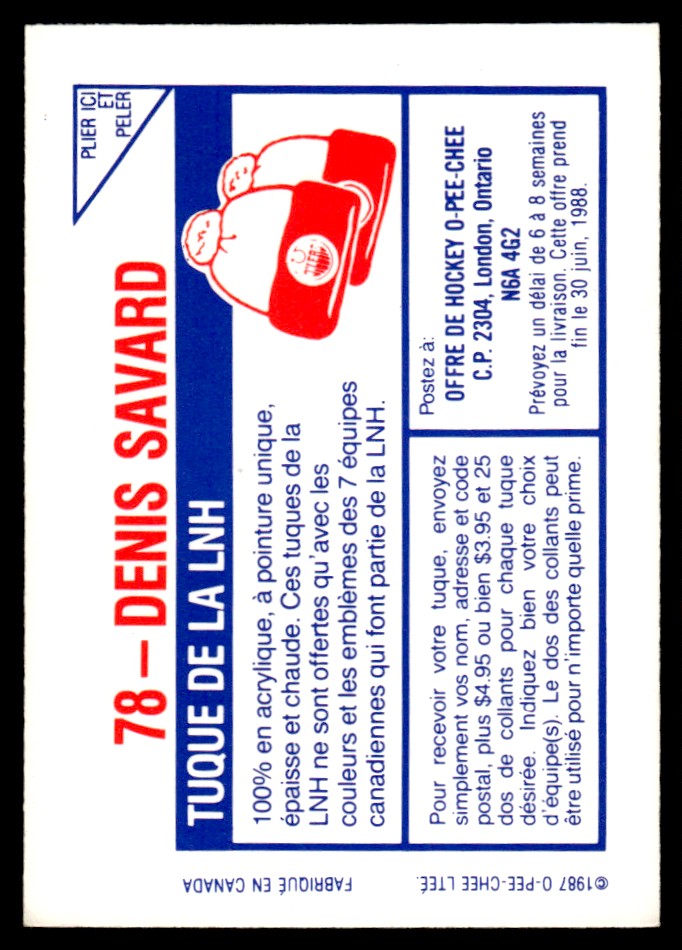 1987-88 O-Pee-Chee Stickers * Denis Savard #78 card back image