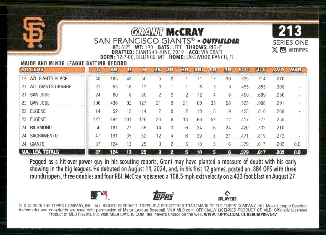 2025 Topps Grant McCray #213 card back image