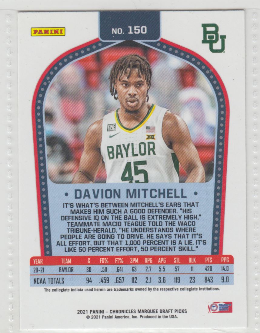 2021-22 Chronicles Draft picks/ Marquee Black Davion Mitchell #150 card back image