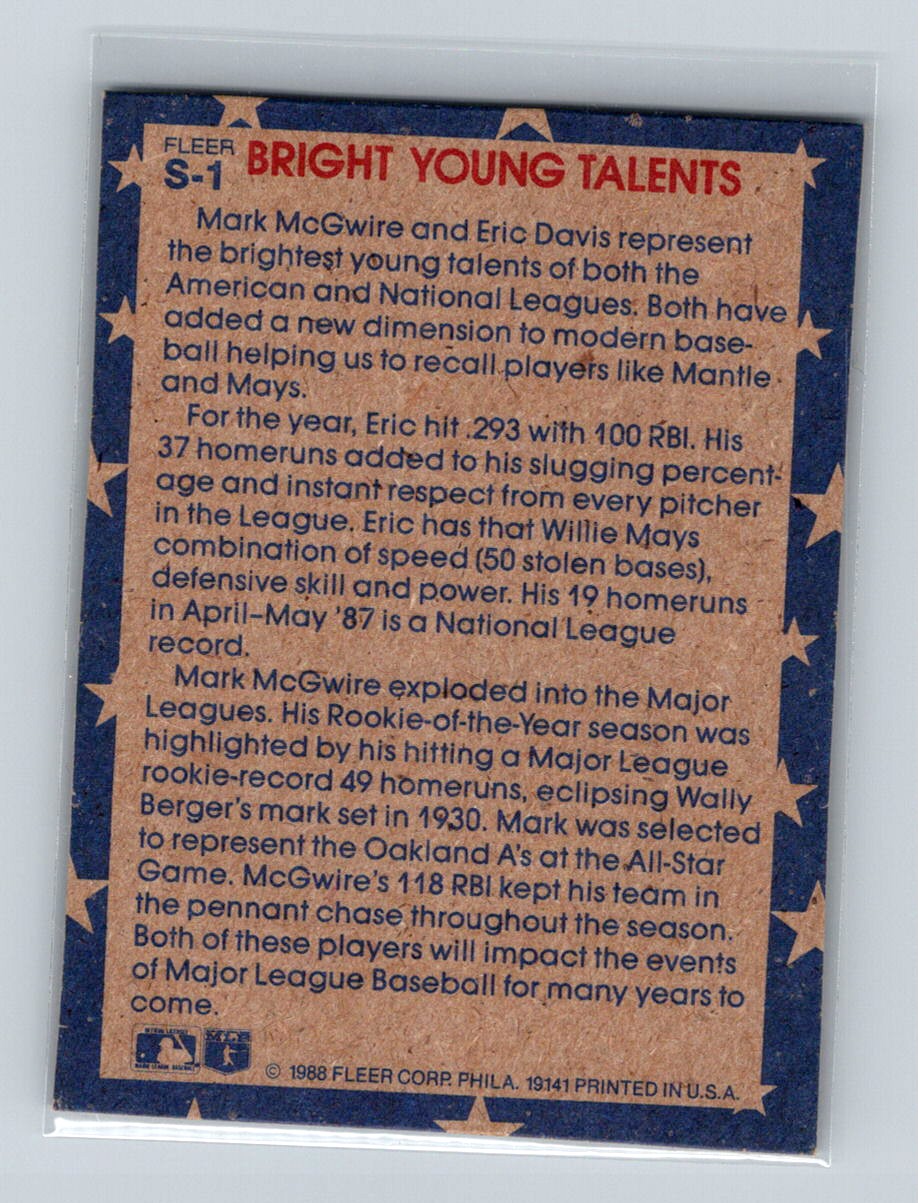 1988 Fleer Star Stickers Wax Box Cards Mark McGwire/Eric Davis #S-1 card back image
