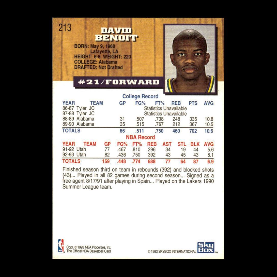 David Benoit 1993-94 Hoops Utah Jazz #213 R331K 2 | eBay