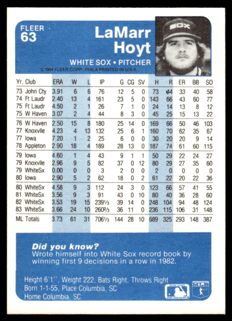1984 Fleer LaMarr Hoyt 63 on Kronozio
