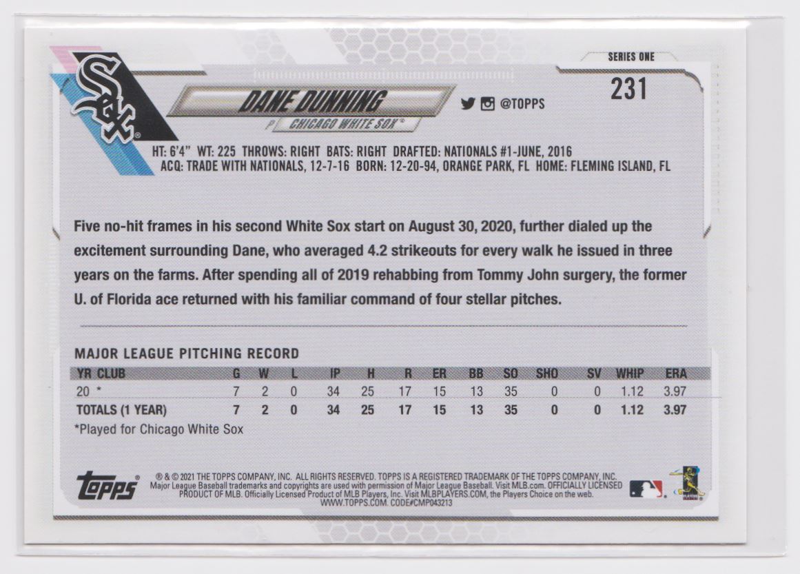 2021 Topps Dane Dunning #231 card back image