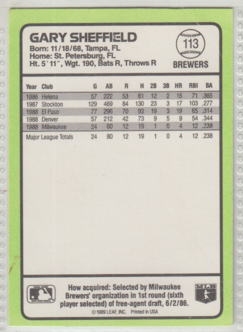 1989 Donruss Baseball's Best Gary Sheffield #113 card back image