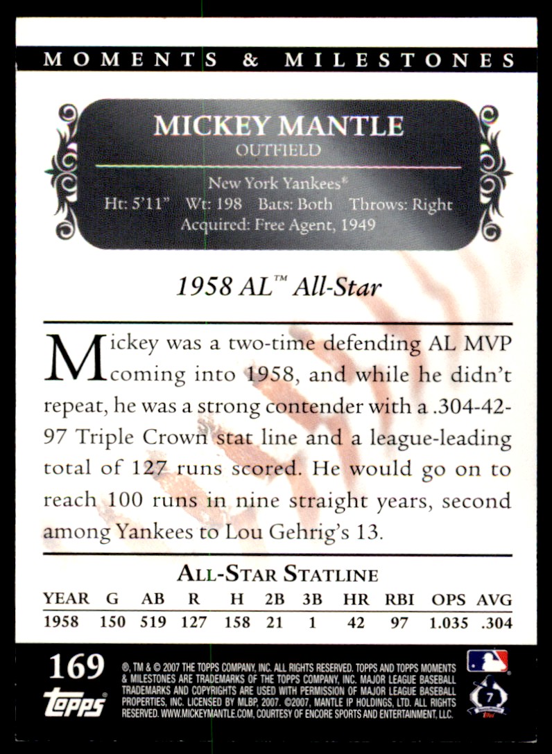 2007 Topps Moments & Milestones Mickey Mantle #169 card back image