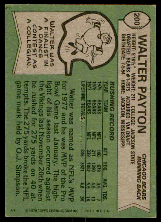 1978 Topps Walter Payton #200 card back image