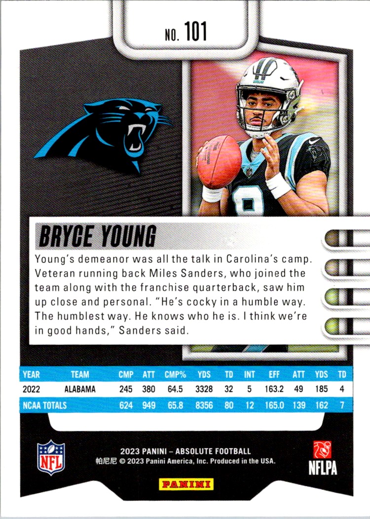 2023 Panini Absolute Blue Bryce Young #101 card back image