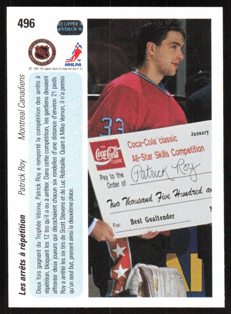 1990-91 Upper Deck French Patrick Roy #496 card back image