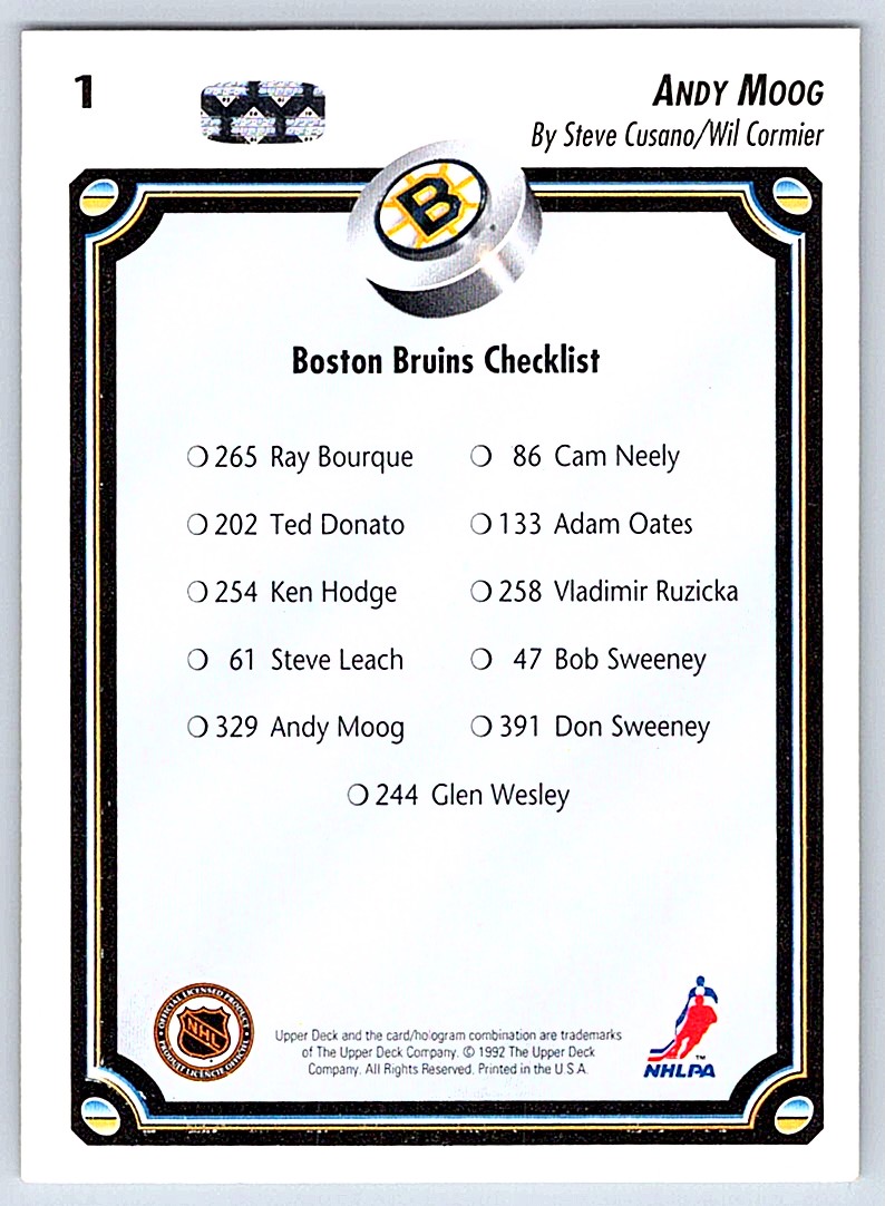 1992-93 Collector's Choice Checklist Andy Moog #1 card back image