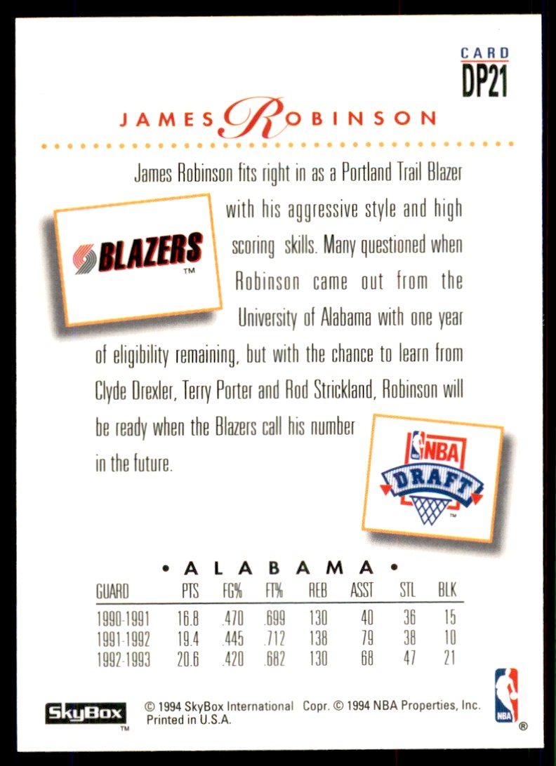 1993-94 SkyBox Basketball Card James Robinson Portland Trail