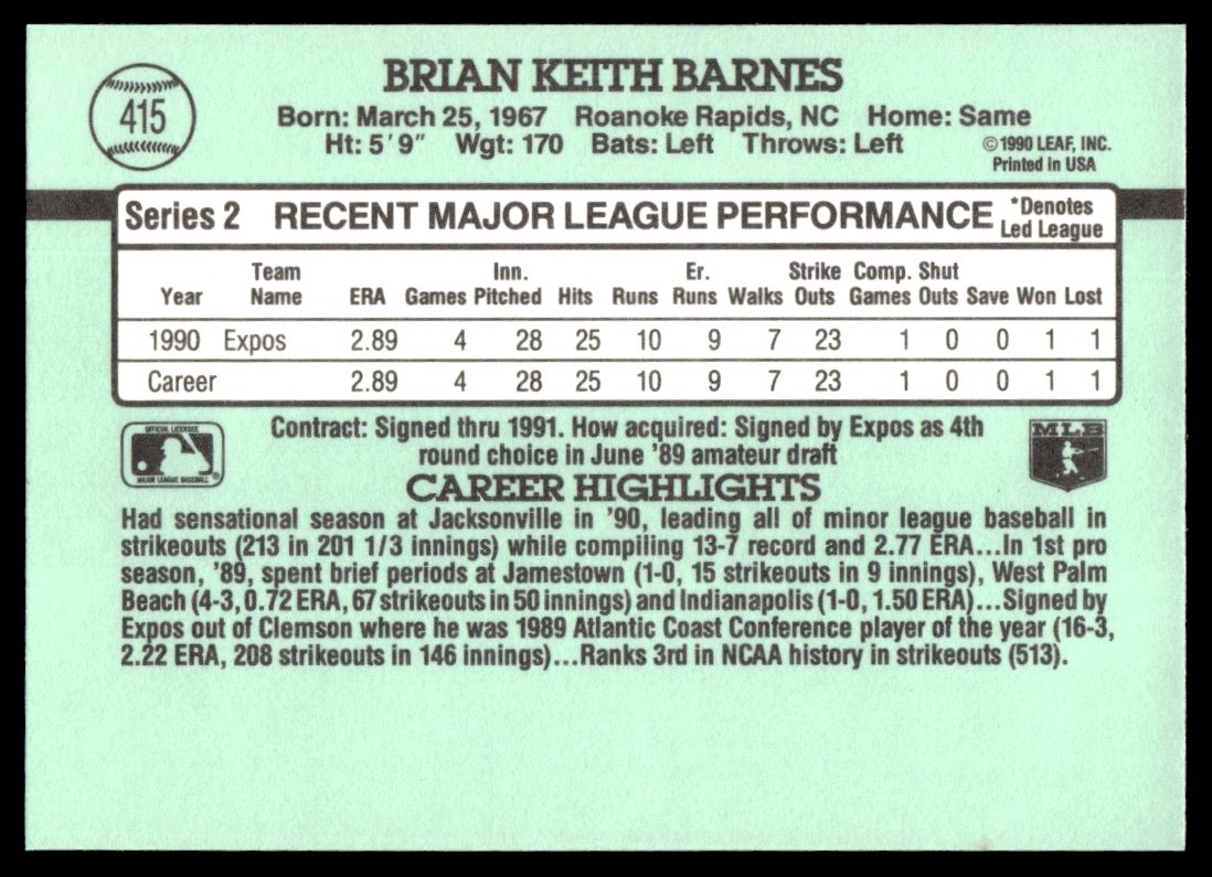 1991 Donruss Brian Barnes #415 card back image