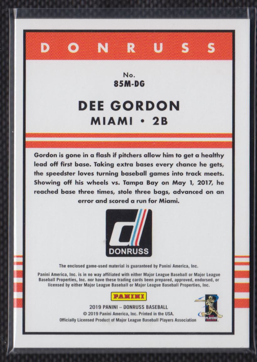 2019 Donruss Retro 1985 Materials Dee Gordon #85M-DG card back image